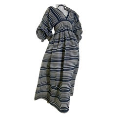 1971 Geoffrey Beene Navy & White Cotton Stripe Voile Peasant Gown w Full Sleeves