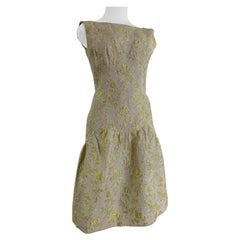 1960s Rappi Pale Yellow Floral Brocade Form-Fitted Sheath Dress w Flounced Hem