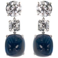 Amazing Faux Diamond Large Cabochon Sapphire Earrings