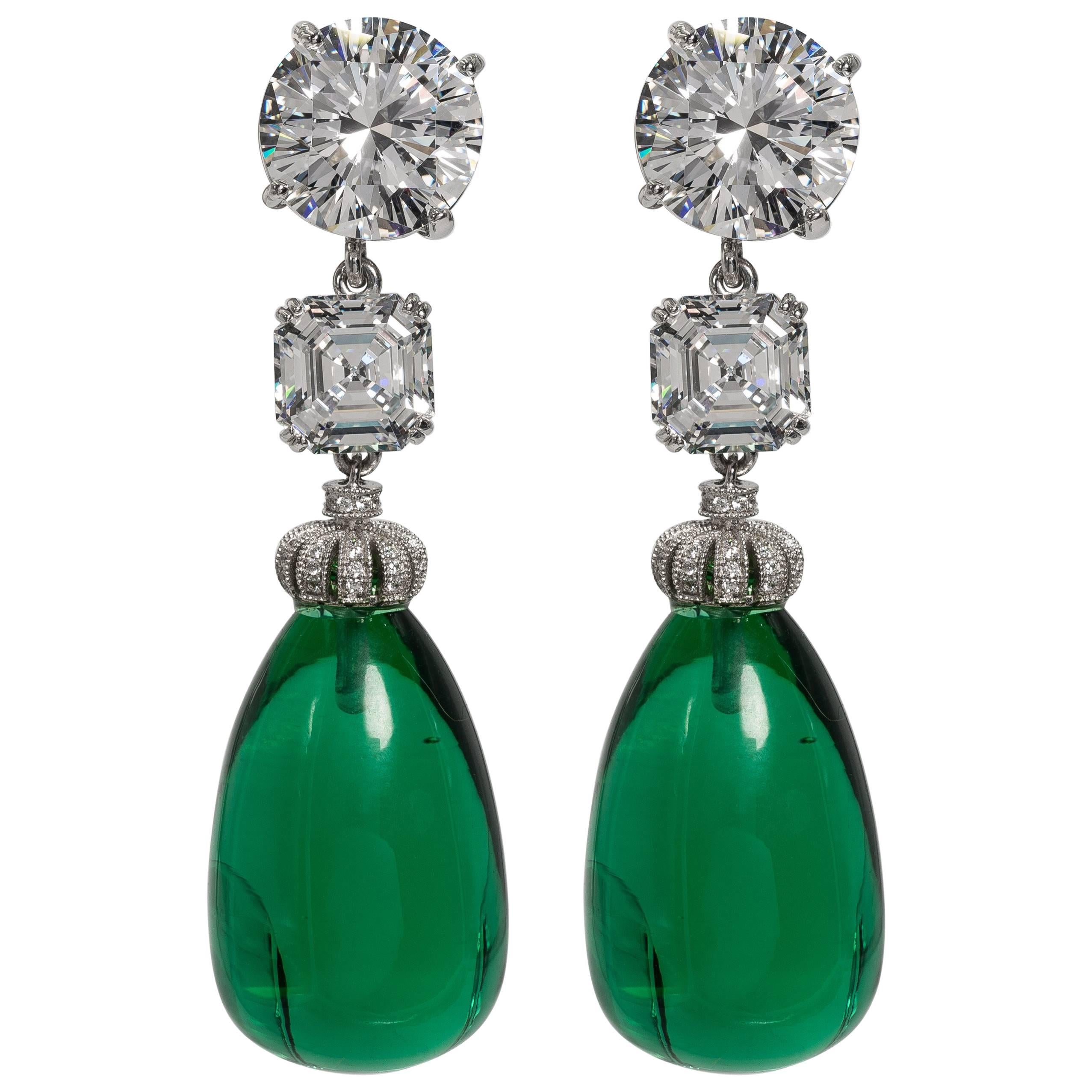 Amazing Faux Diamond Large Cabochon Emerald Drop Earrings