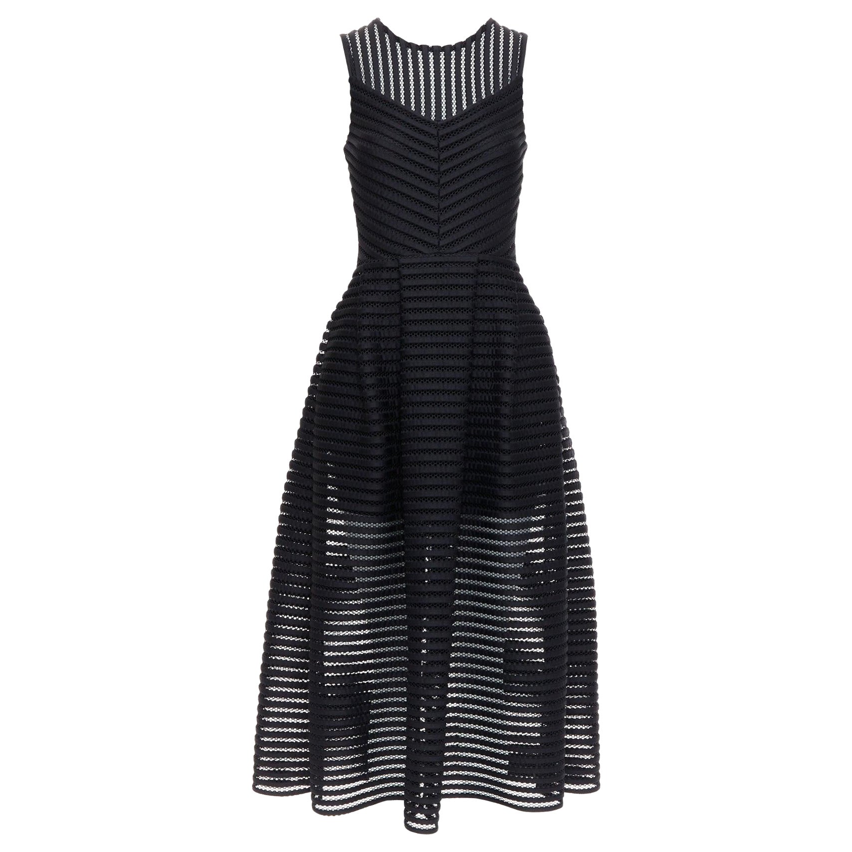 MAJE black sheer striped panelled crew fit flare midi dress Sz 1 XS For Sale