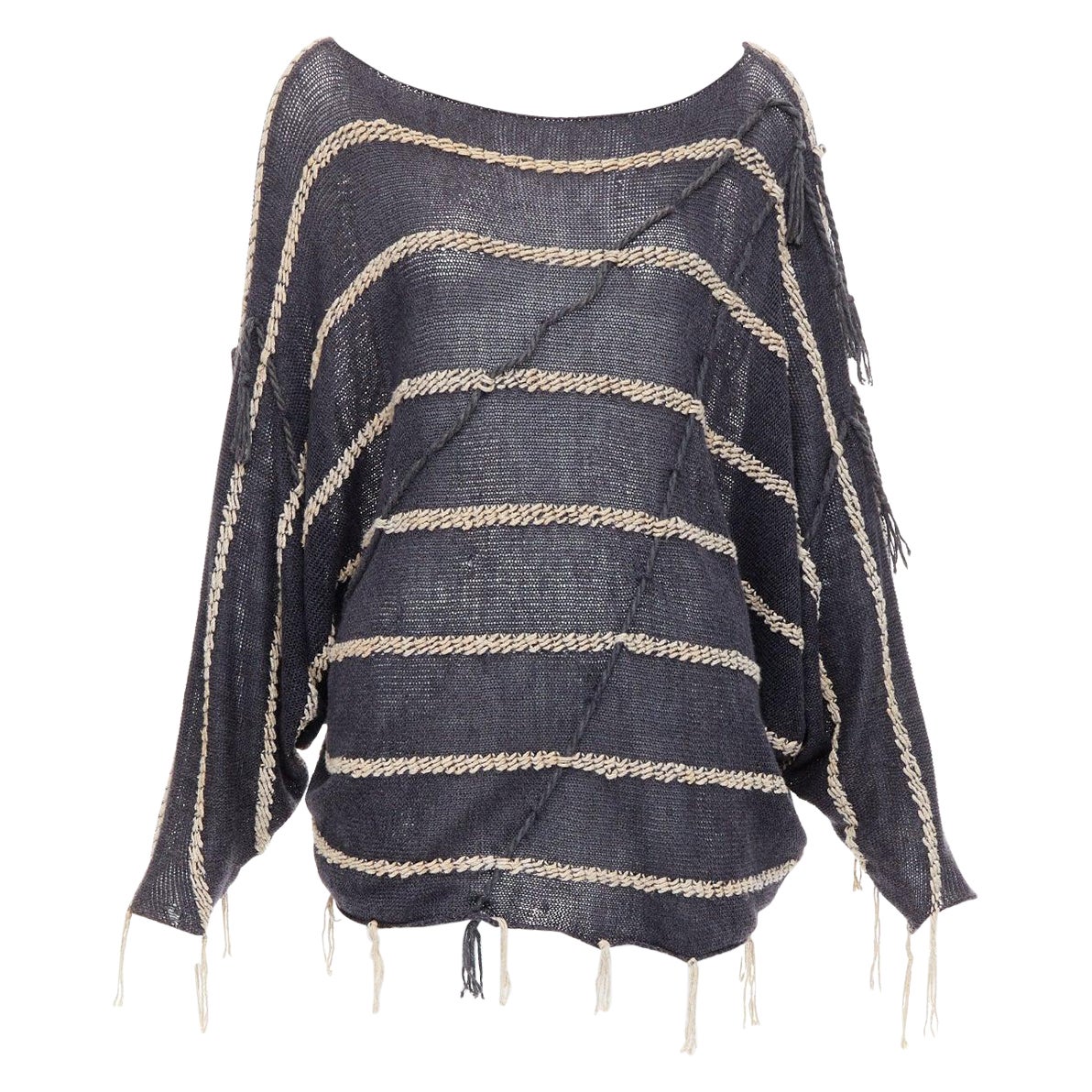 ISSEY MIYAKE Vintage 1980s light grey striped paneled side fringe trim skirt M For Sale