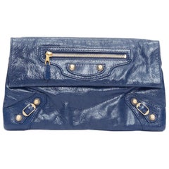 BALENCIAGA Giant 12 bleu mineral lambskin leather gold envelope clutch bag