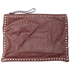VALENTINO Rockstud rose gold burgundy leather studded logo clutch