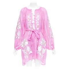 MARCH 11 100% linen pink white silver cotton embroidery boho dress S