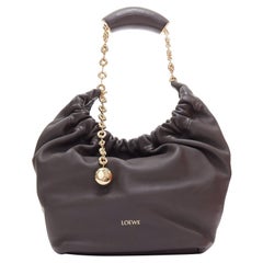 LOEWE Small Squeeze chocolate brown nappa lambskin gold chain hobo bag