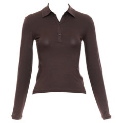 PRADA brown silk blend 2 button front fitted long sleeve polo shirt XS