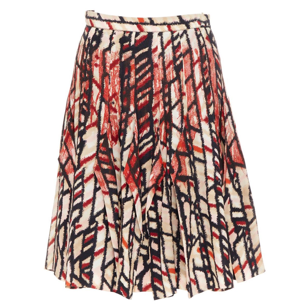 BOTTEGA VENETA 100% seda  rojo negro estampado abstracto falda plisada por la rodilla IT38 XS
