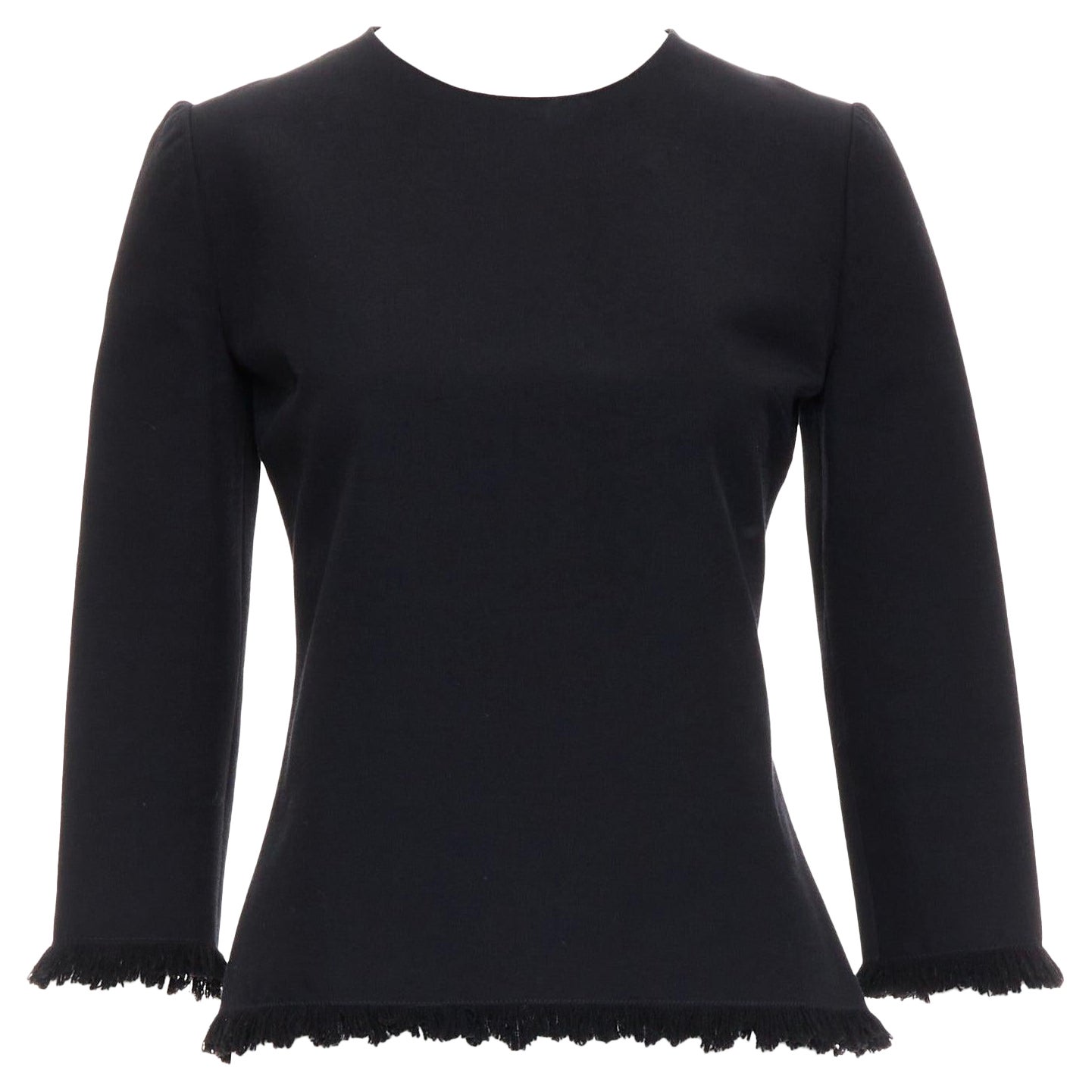 TOM FORD black virgin wool cotton fringe trim crop sleeved fitted top IT36 XXS For Sale