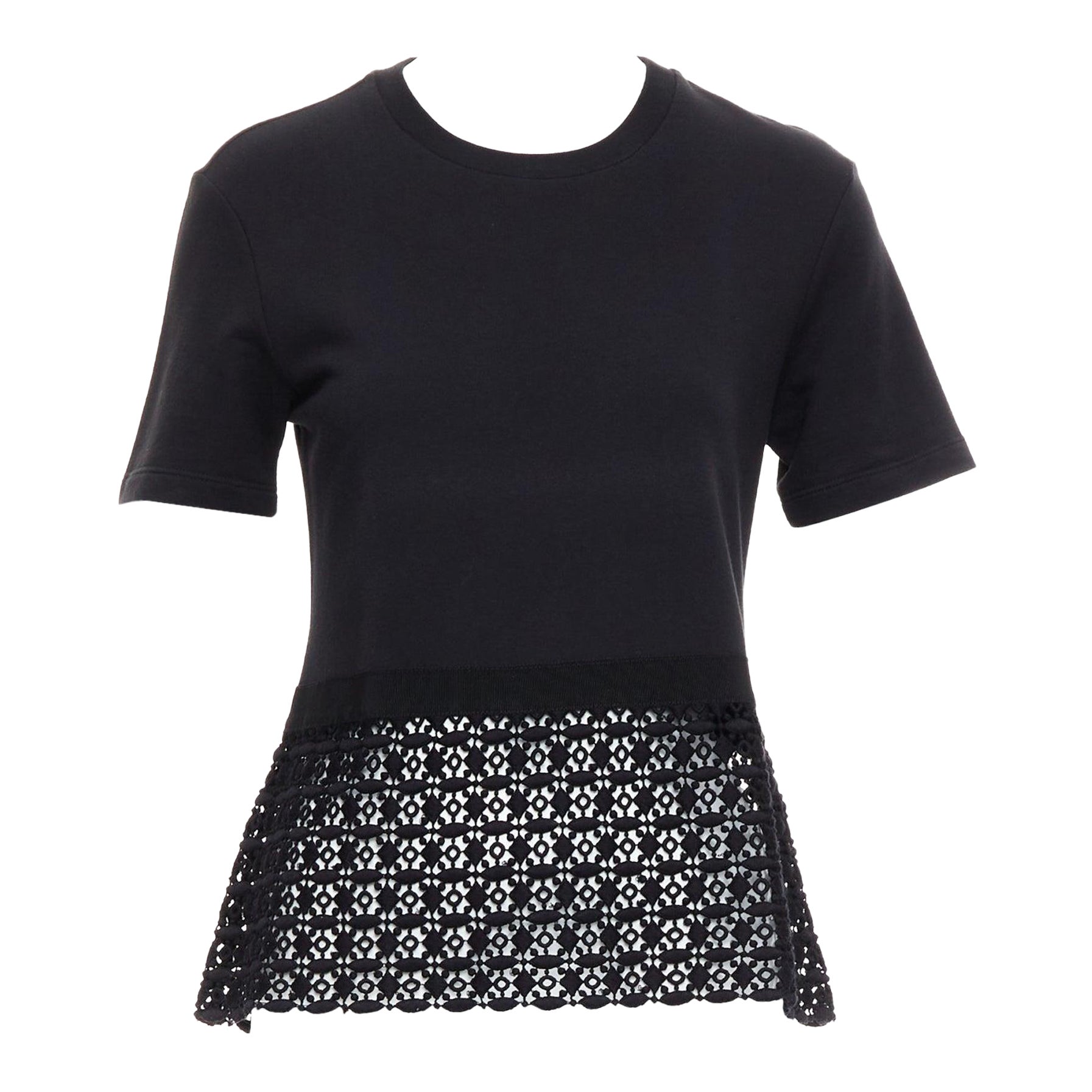 GIAMBATTISTA VALLI black cotton geometric lace hem tshirt IT38 XXS For Sale