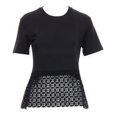 GIAMBATTISTA VALLI black cotton geometric lace hem tshirt IT38 XXS