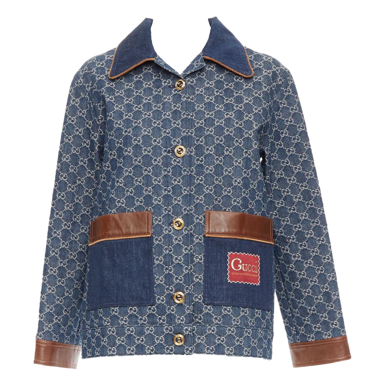 GUCCI Epilogue blue washed organic denim GG monogram vintage coat IT38 XS