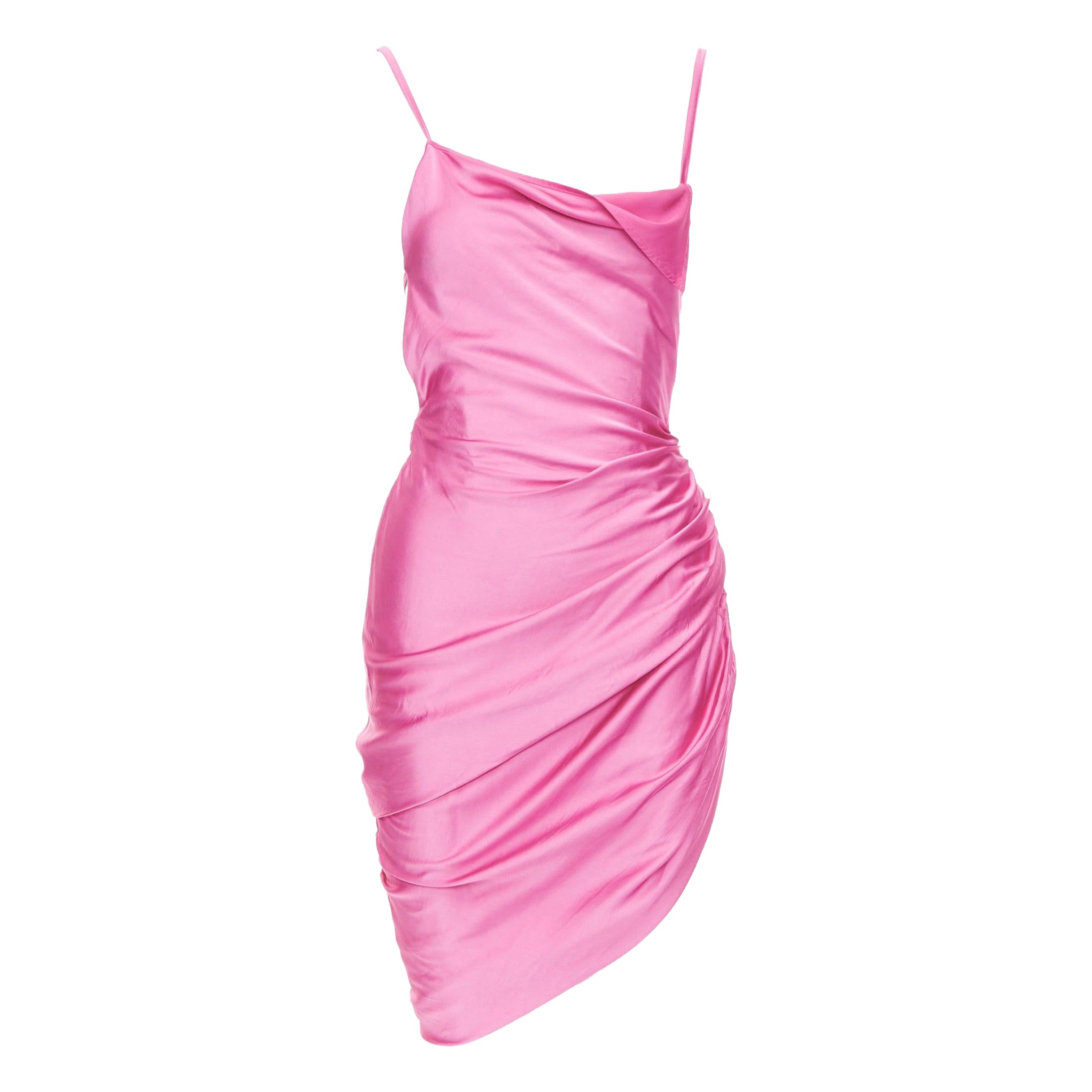 JACQUEMUS Le Splash Saudade pink satin ruched asymmetric strappy dress FR34 XS For Sale