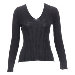 PRADA black 100% silk classic minimal ribbed Vneck long sleeve top IT42 M