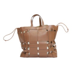BURBERRY Foster brown leather gold logo open weave large tote bag