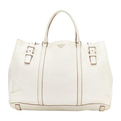 PRADA ivory white grained leather silver triangle logo buckle strap tote bag