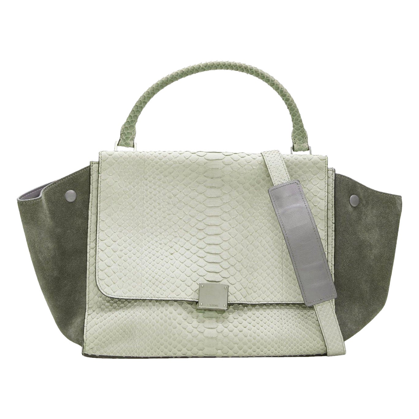 CELINE Phoebe Philo Trapeze grey scaled leather suede flared flap satchel bag For Sale