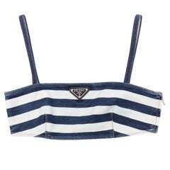 new PRADA blue white striped black triangle logo denim bustier bra IT36 XXS