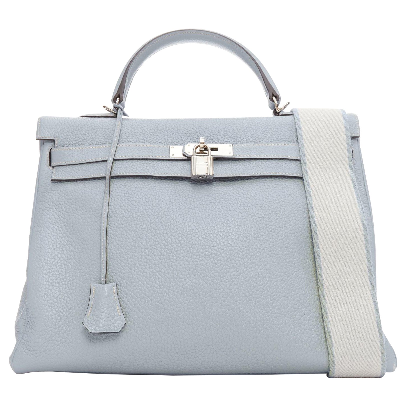 Hermès Kelly 35 Bleu Gacier Clemence sports canvas strap satchel bag For Sale