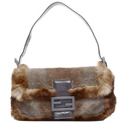 rare FENDI Vintage Baguette brown shaved rabbit fur FF logo underarm bag