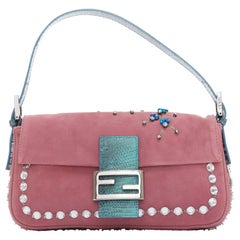 rare FENDI Baguette Vintage pink suede blue flower crystals leather bag