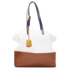 FENDI Runway 2Bag white brown textured leather navy trim gold FF logo bag