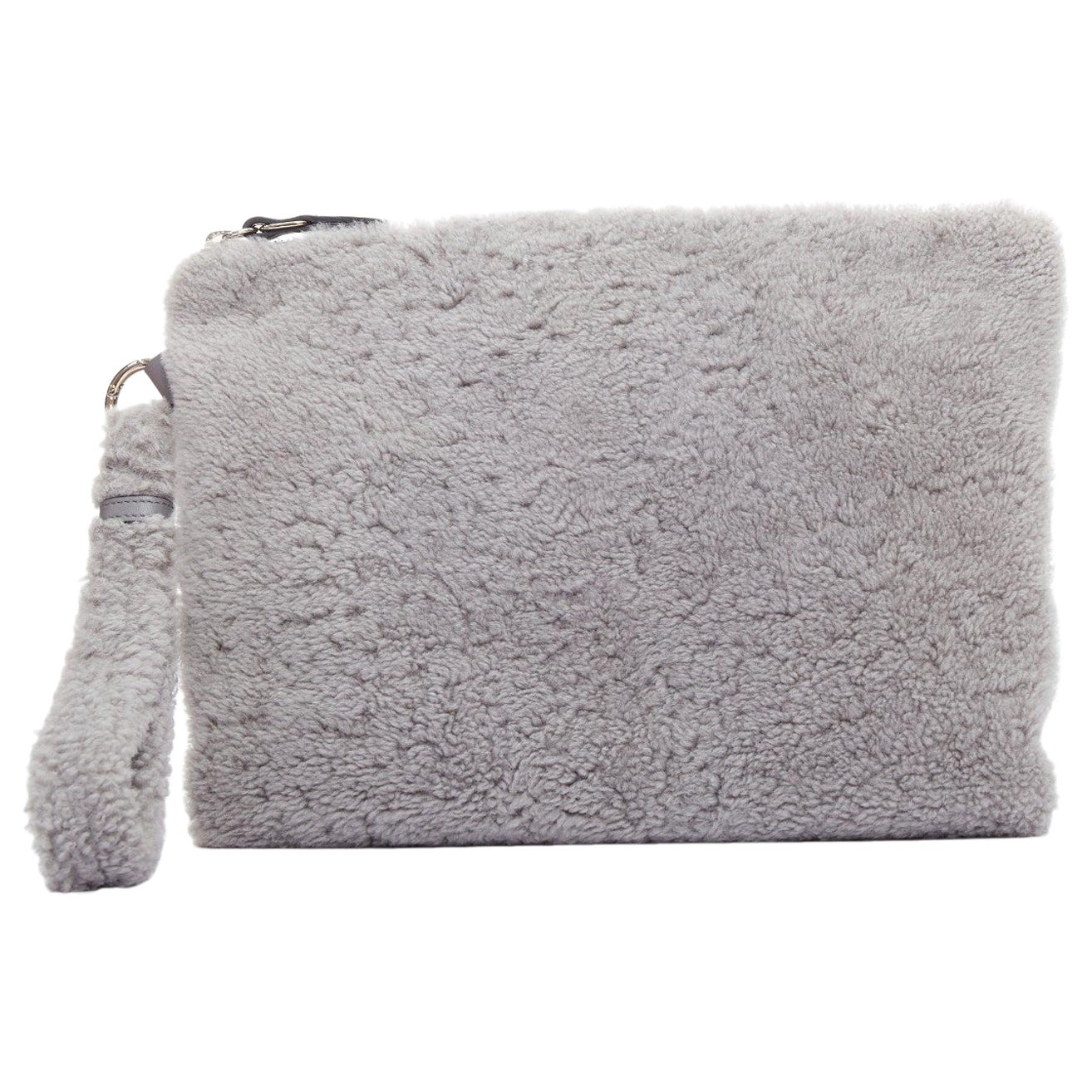 ERMENEGILDO ZEGNA grey lambskin shearling wrist strap zip clutch bag For Sale