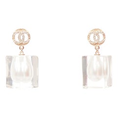 CHANEL A19K CC crystal clear acrylic encased white pearl pin earrings Pair