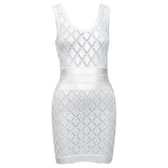 BALMAIN metallic silver coated cream argyle knit mini dress FR34 XS