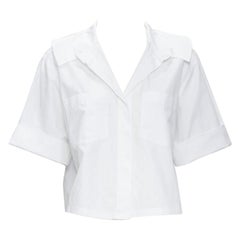 CHANEL white cotton gold pearl CC button double pocket boxy cropped shirt FR40 M
