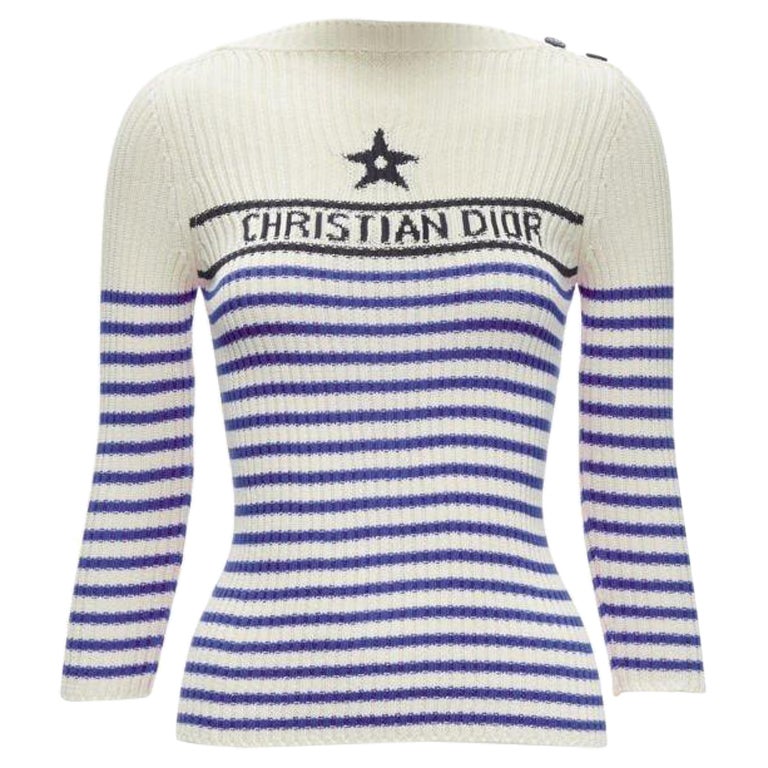 CHRISTIAN DIOR 2022 Mariniere blue nautical sailor stripe logo ribbed top FR34 For Sale