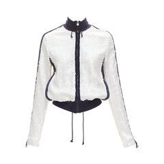 rare CHANEL 08C SPORTS white sequins black trim track jacket FR38 M