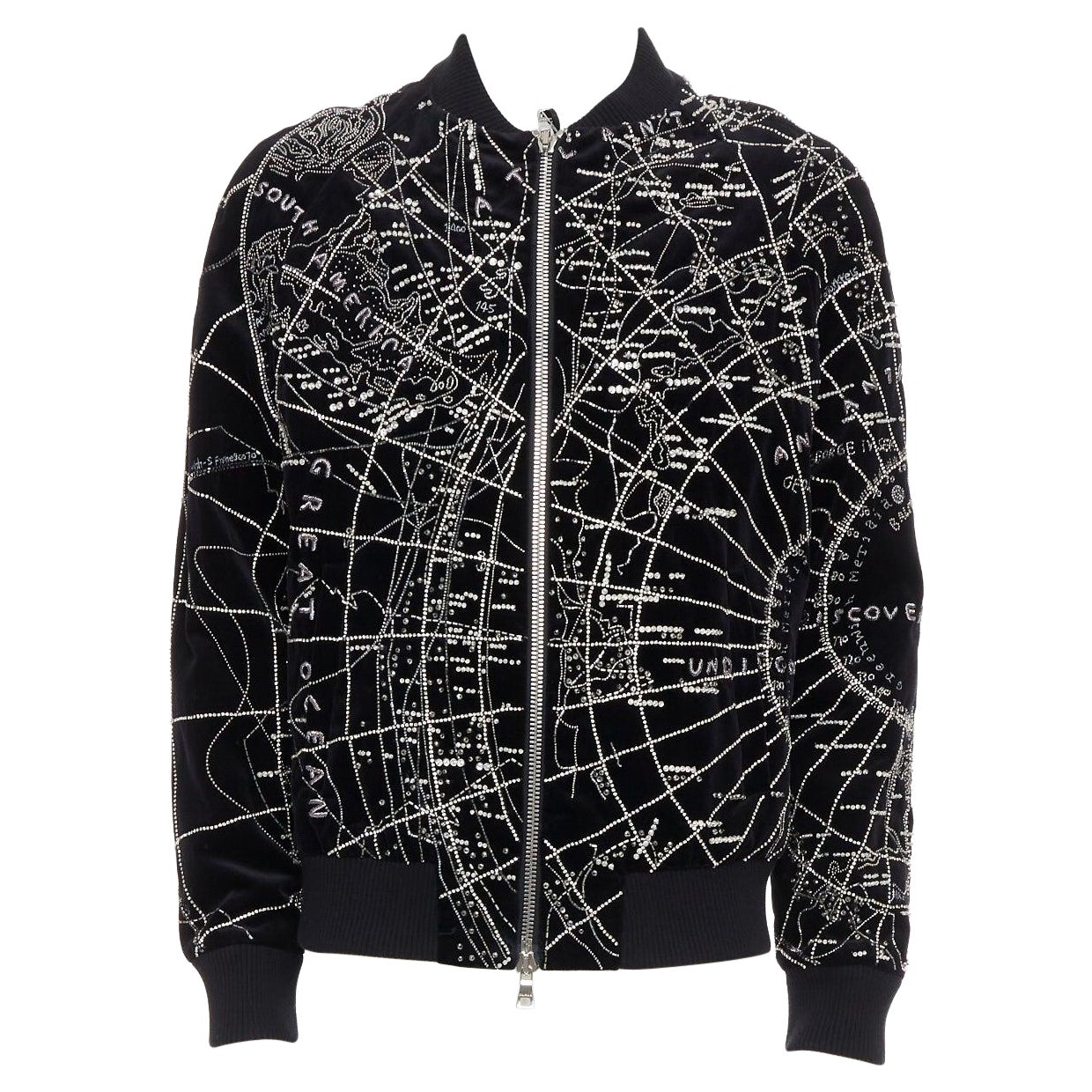 BALMAIN Broderie black map crystal bead embroidery velvet bomber jacket FR48 For Sale