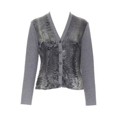 PRADA grey dyed breitschwanz fur front lamb wool knitted cardigan jacket IT42