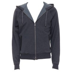 BOTTEGA VENETA sudadera con capucha gris algodón lana negro intrecciato piel cremallera IT46 S