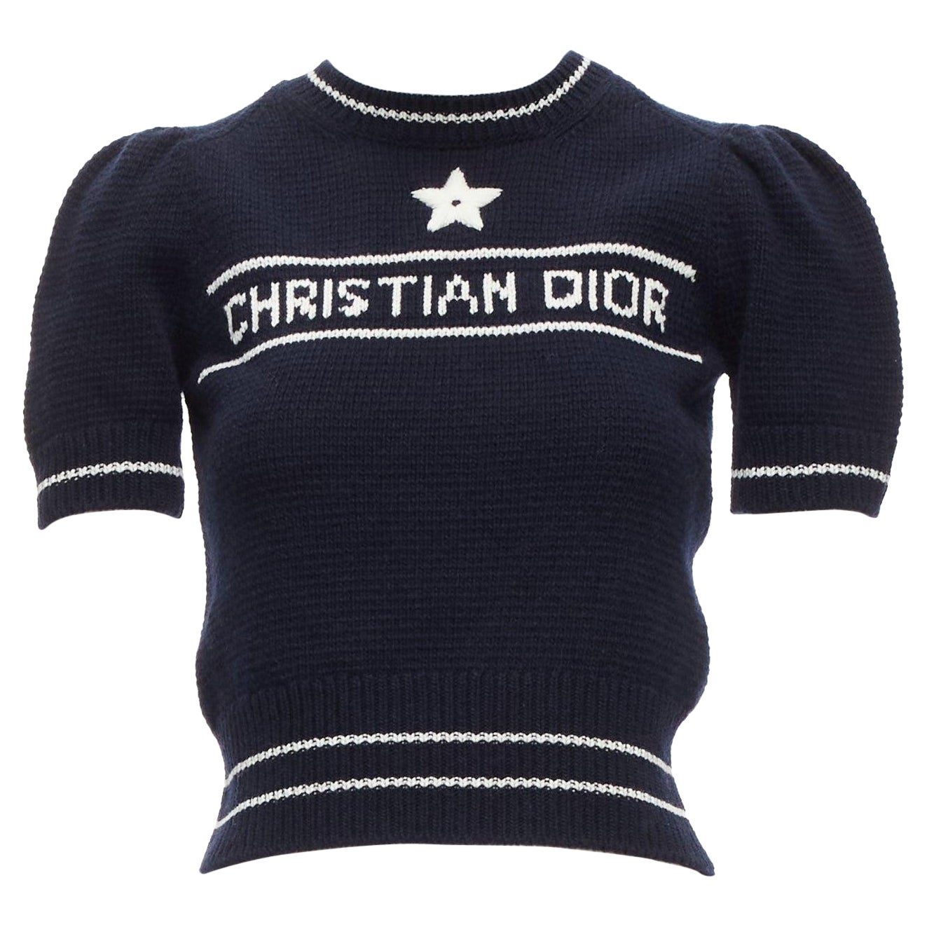 CHRISTIAN DIOR 2022 100% cashmere white puff sleeve crew crop sweater FR34 XXS For Sale