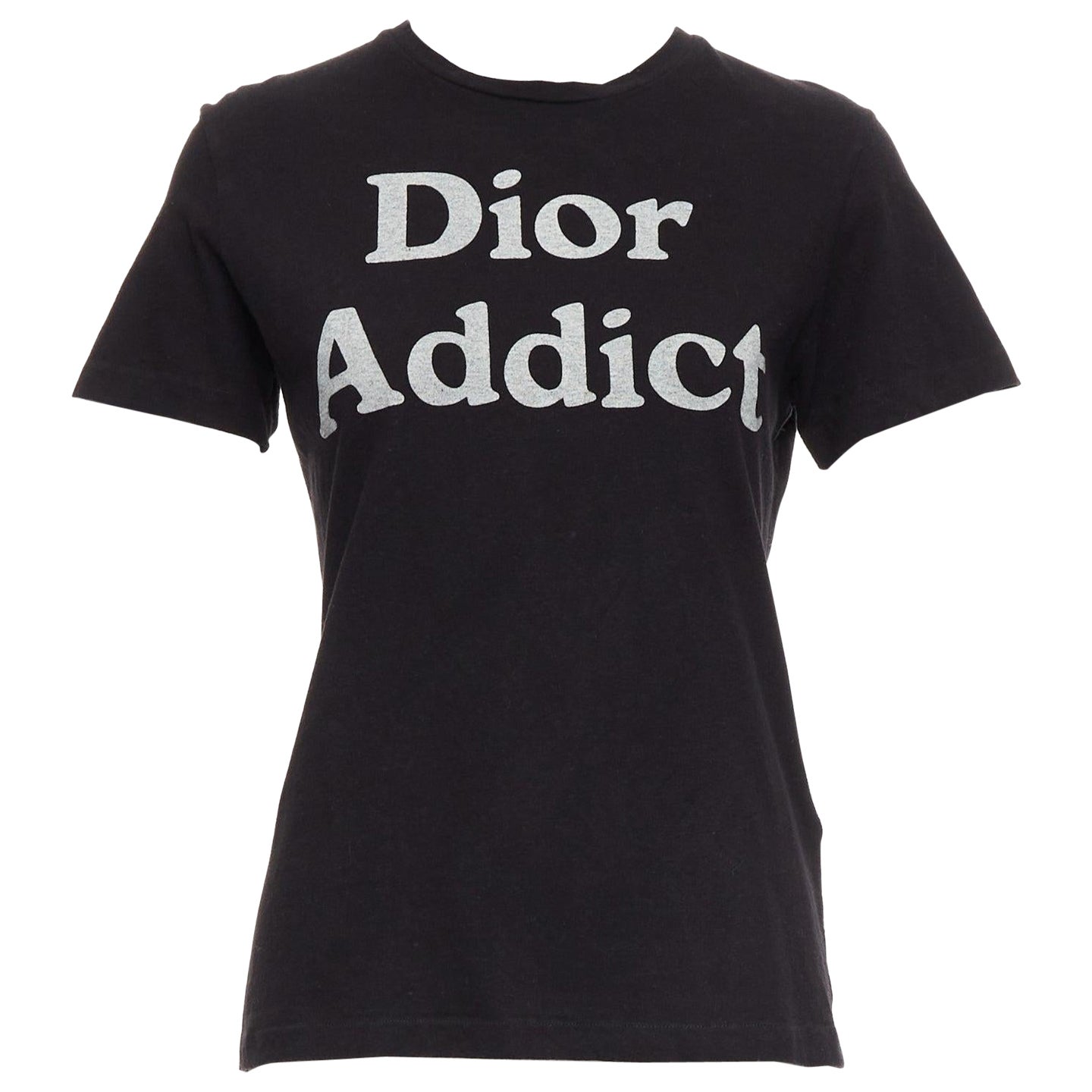 CHRISTIAN DIOR Addict black cotton linen grey speckle logo print tshirt XS For Sale