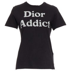CHRISTIAN DIOR Addict tshirt noir en coton lin gris imprimé logo moucheté XS