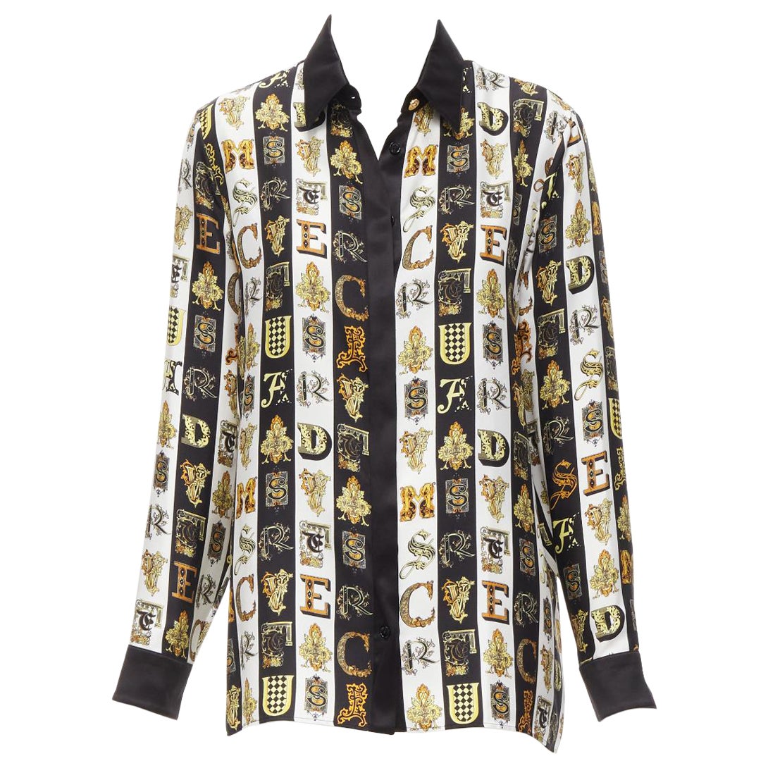 VERSACE Virtus Alphabet black gold Barocco Medusa button silk shirt IT38 XS For Sale