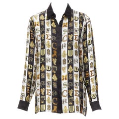 VERSACE Virtus Alphabet nero oro Barocco Medusa bottone camicia di seta IT38 XS