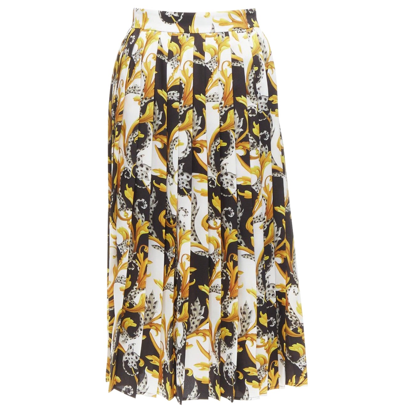VERSACE Barocco Acanthus black gold print pleated high slit skirt IT36 XS For Sale