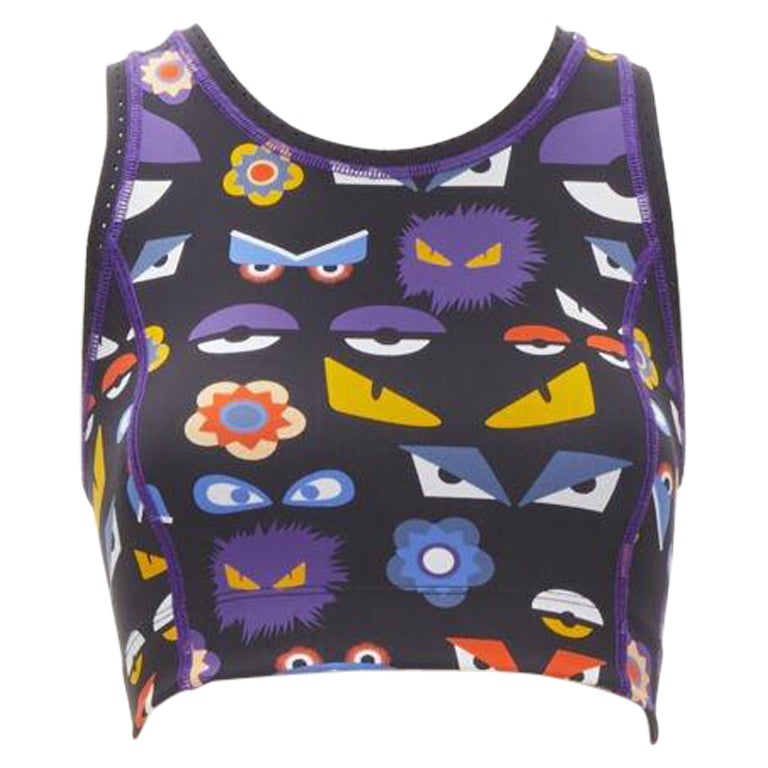 FENDI Activewear Monster Bug Eye black graphic print perforated crop top For Sale