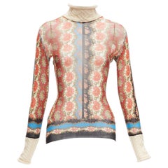 JEAN PAUL GAULTIER Maille Vintage Rollkragenpullover aus durchsichtigem Netzstoff-Cable-Strick mit rotem Paisleymuster S