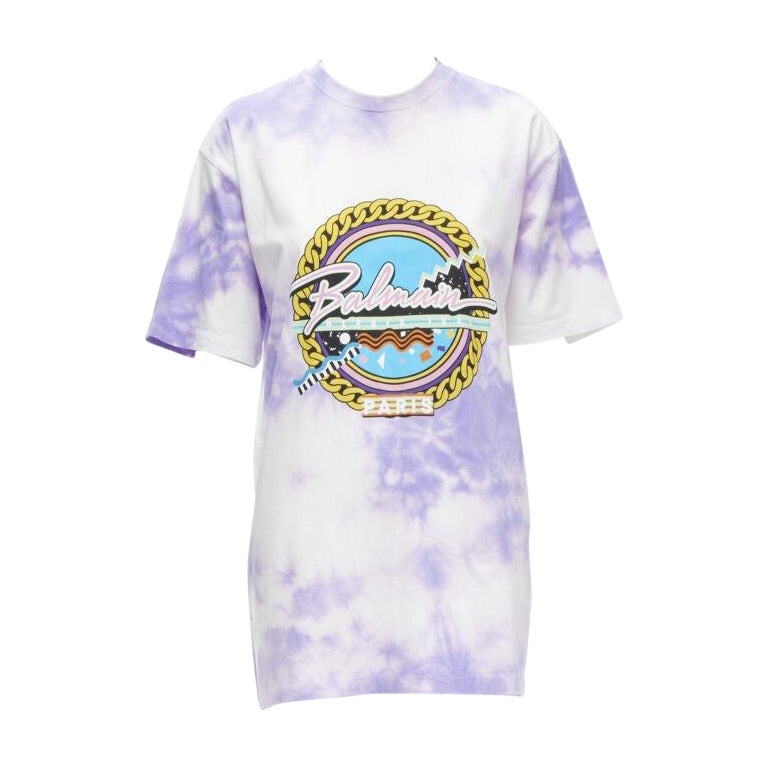 BALMAIN cotton purple tie dye Depuis 1945 logo 80's retro crew neck tshirt XXS For Sale