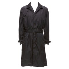 PRADA 2017 black gabardine nylon silver D ring buckle belt trench coat IT52 XL