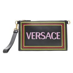 VERSACE 90s graphic logo black calf zip pouch crossbody clutch bag