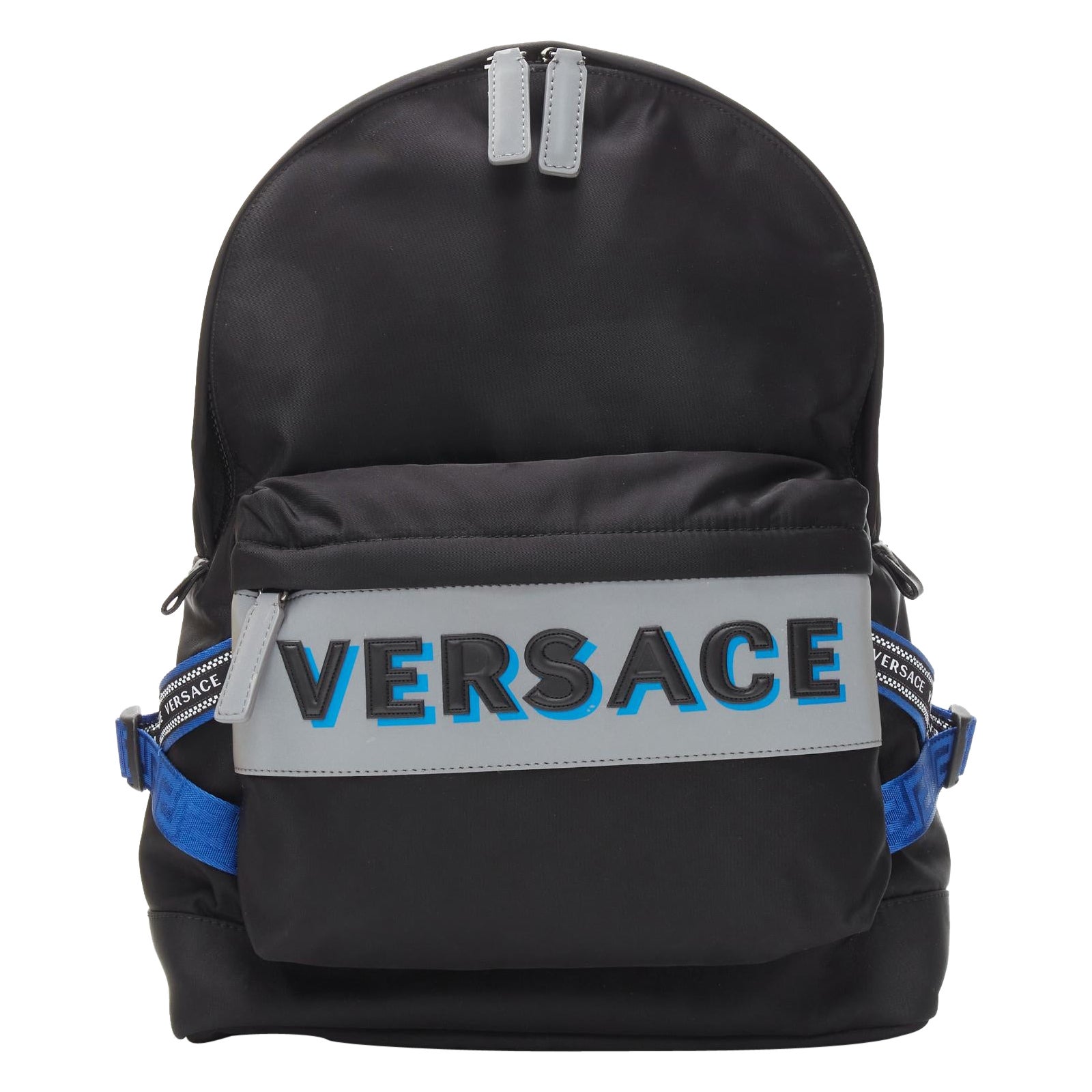 VERSACE Reflective Logo black nylon blue Greca nylon strap backpack For Sale