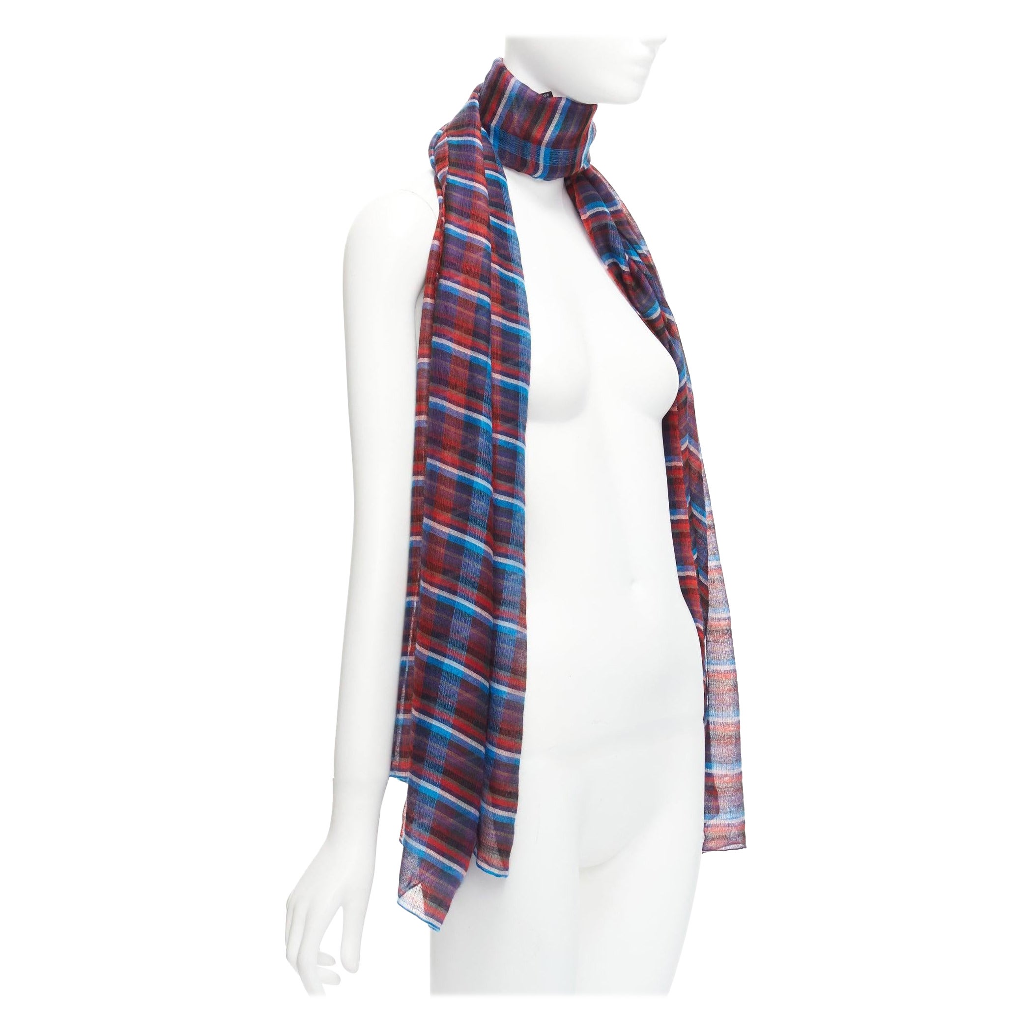 Hermès blue red checkered cashmere silk long wrap rectangular scarf