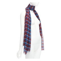 Hermès blue red checkered cashmere silk long wrap rectangular scarf