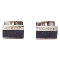 ALFRED DUNHILL 925 steel blue glitter surface split logo cufflinks